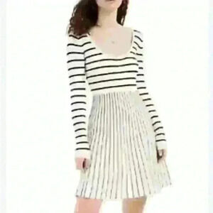 Guess Pullover Dress Sweater Stripe Nash Knit Fit Flare White Black Small